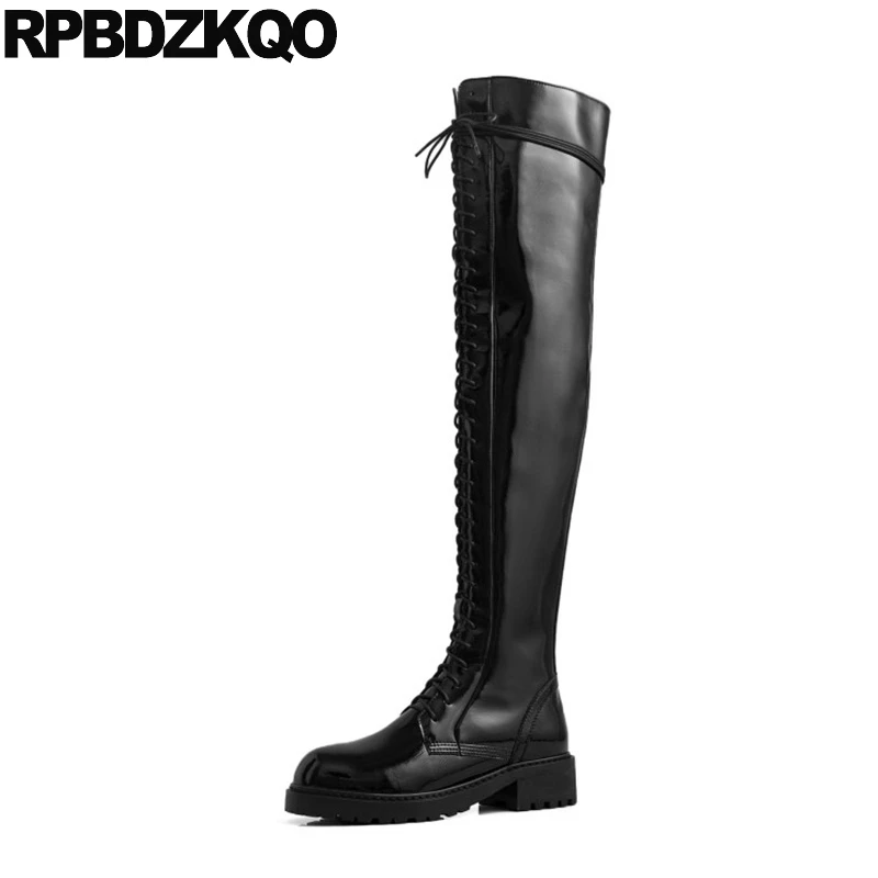 Long Shoes Faux Fur Handmade Patent Leather Black Tall Riding Chunky Equestrian Thigh High Over The Knee Women Boots Winter 2021 | Обувь