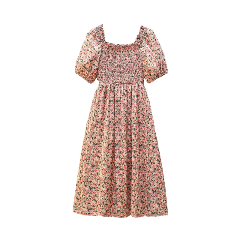 

Women's loose chiffon midi dress, vintage, floral pattern, ruffles, puff sleeves, elegant, square collar, summer, 2021