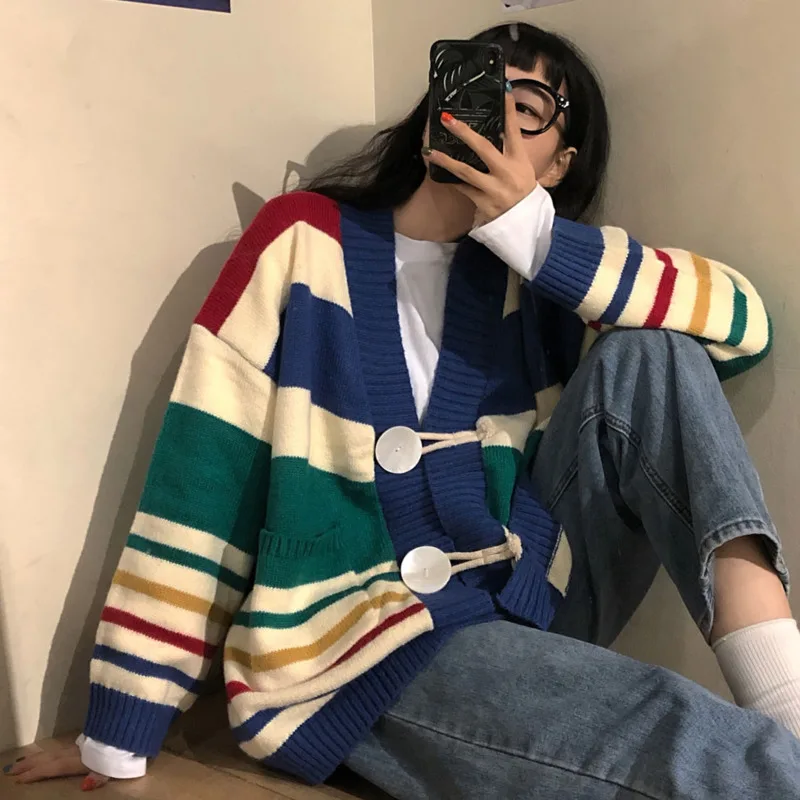 

Women Rainbow Stripes Knitting Sweater 2021 New Spring Autumn Korean Harajuku Loose Casual Pockets Knitting Cardigan Coat
