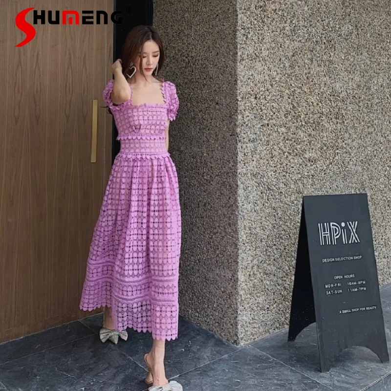 

Женское кружевное платье средней длины, светло-фиолетовое платье с квадратным вырезом и пышными рукавами, лето 2021