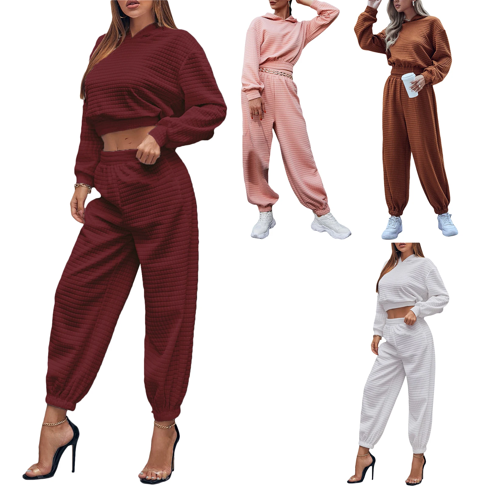 

Женский костюм из 2 предметов, однотонный топ с длинным рукавом и капюшоном + брюки с завязками на лодыжке с цепочкой, спортивный костюм для отдыха