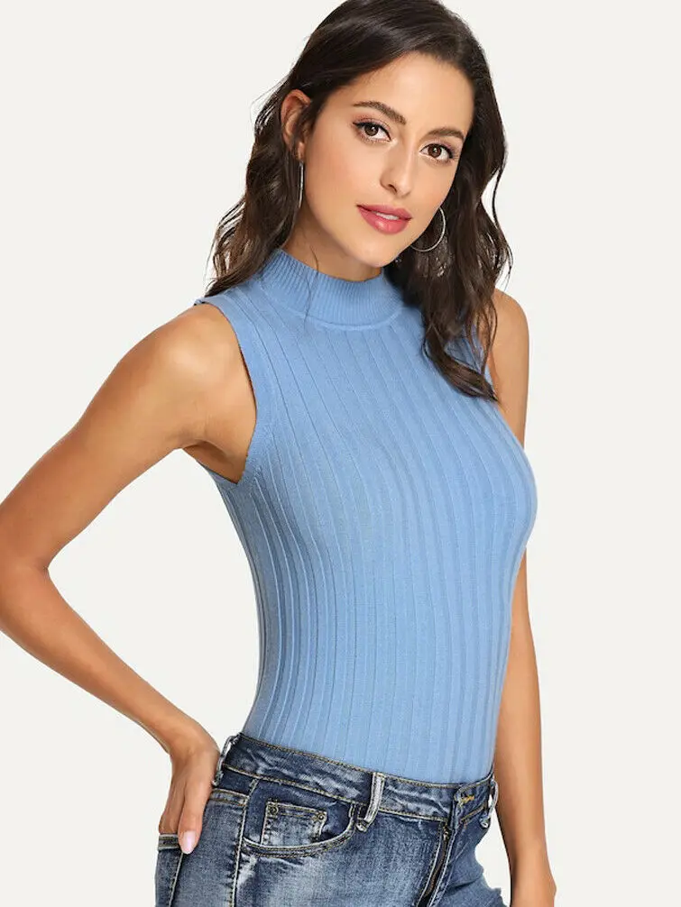 Женская Повседневная водолазка без рукавов модный однотонный вязаный пуловер