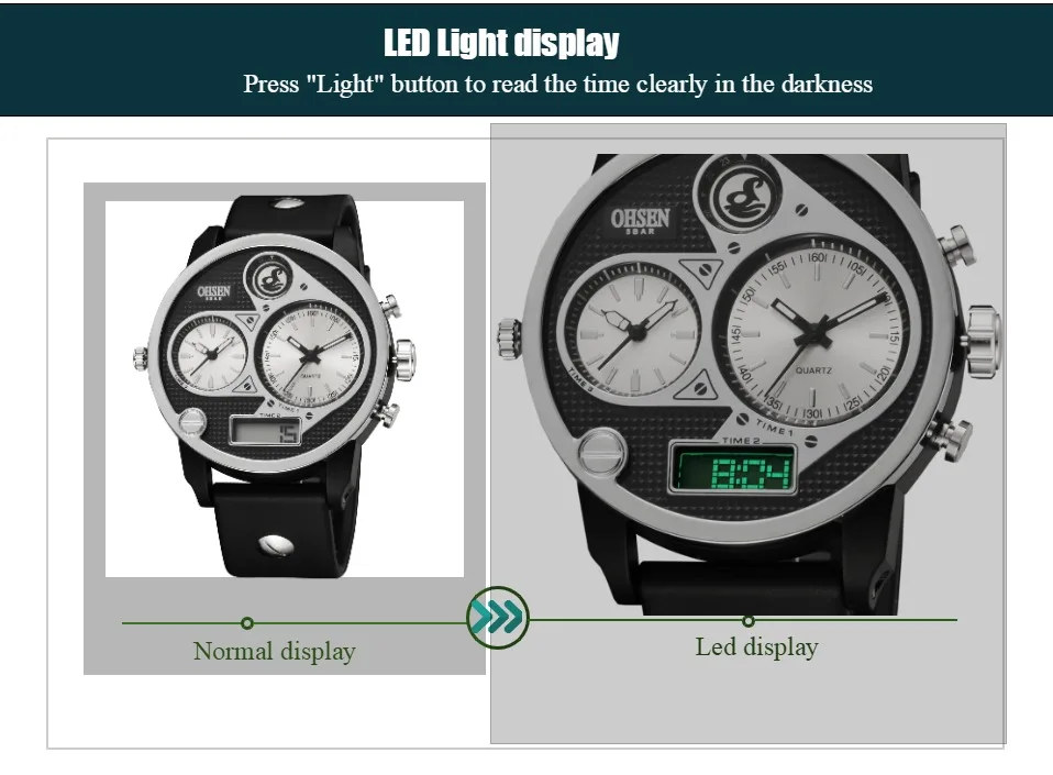 Мужские кварцевые часы OHSEN цифровые водонепроницаемые с силиконовым ремешком 50