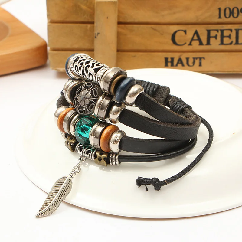 Женский и мужской браслет в стиле панк из кожи с синими кристаллами листьями