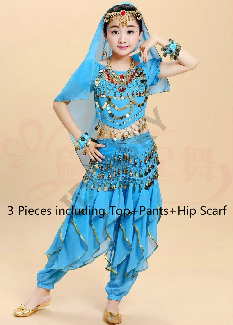 Sky blue 3pcs Арабский танец живота с блестками, профессиональный костюм для танца живота, детские костюмы, Детский костюм, комплект для взрослых и детей, топ, штаны - Цвет: Sky blue 3pcs