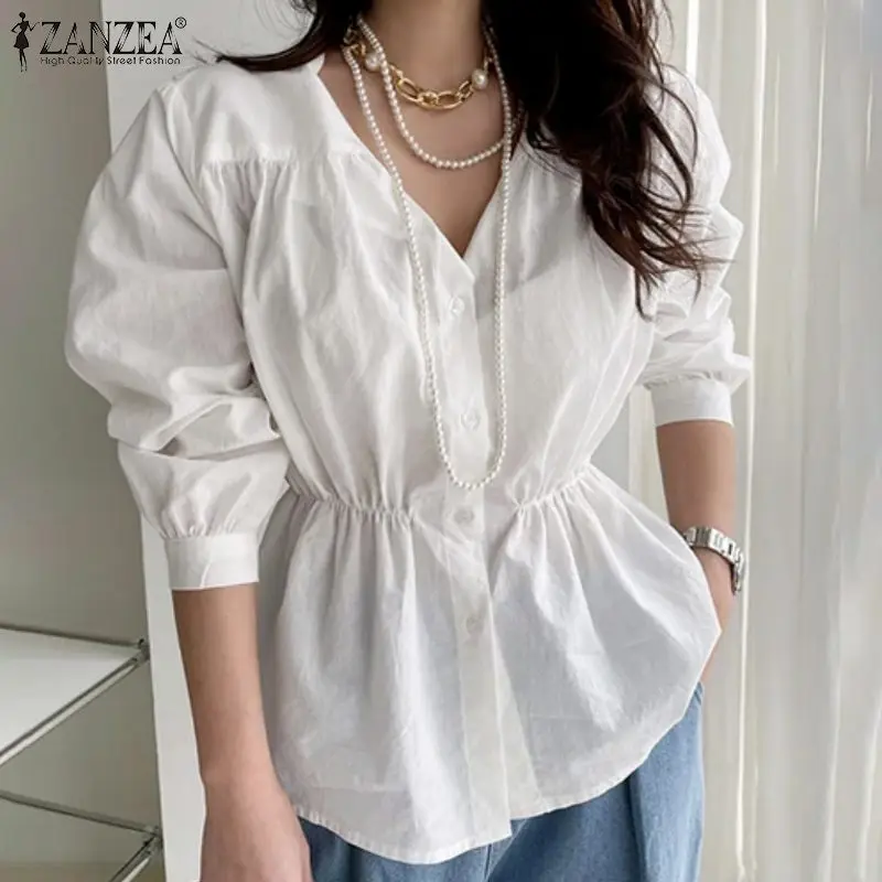 

ZANZEA Fashion French Solid Tops Womens Elegant White V Neck Shirt 2021 Autumn Patchwork A Line Tunic Lady Office Cotton Blusas
