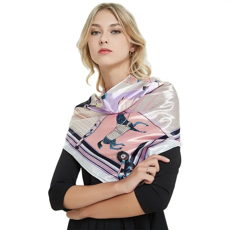 

90*90cm Trendy Horse Print Silk Scarf Female Fashion Decoration Neckerchief Headscarf Satin Imitation Silk Female Foulard