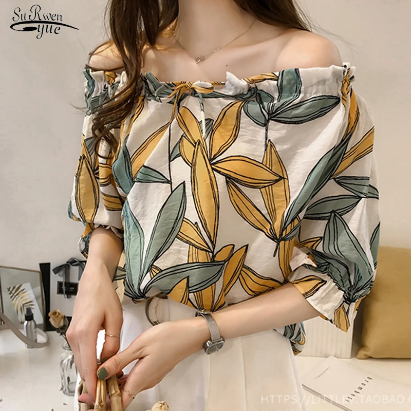 

2021 Korea Printing Chiffon Shirt Women Casual Loose Off-the-shoulder Female Blouse Short Sleeve Summer Women Clothing 13754