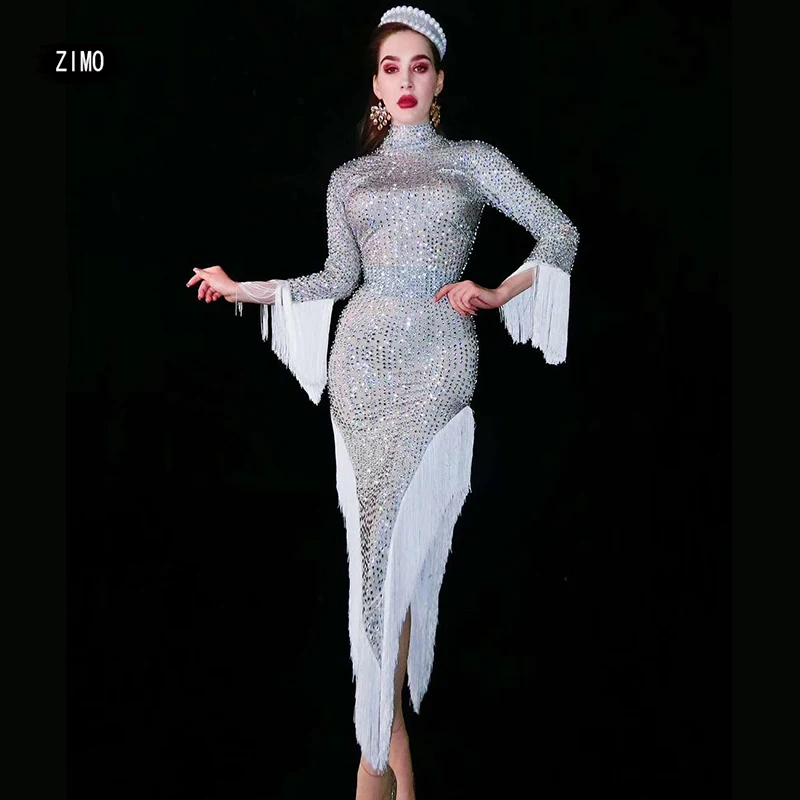 модные Блестящее платье с бахромой и кристаллами для женщин Клубная одежда