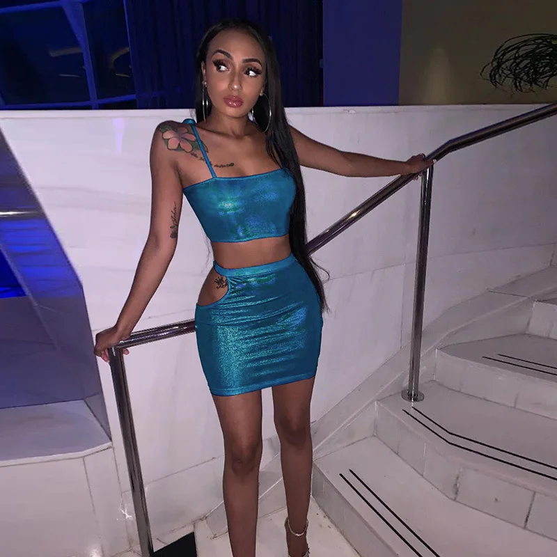 Сексуальный светоотражающий топ и юбка LAISIYI без рукавов комплект из 2 предметов