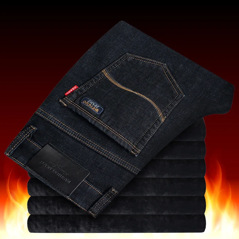 

Winter Men's Self-cultivation Straight Plus Velvet Jeans Youth Fashionable Men's Waist High Elastic Warm Pants
