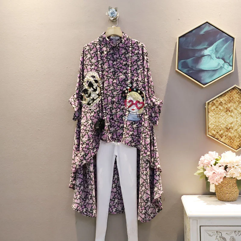 

Vintage Women Floral Printed Blouse 2021 Summer Irregular Blouse Women Cartoon Printed Blouse With Sequin Z864