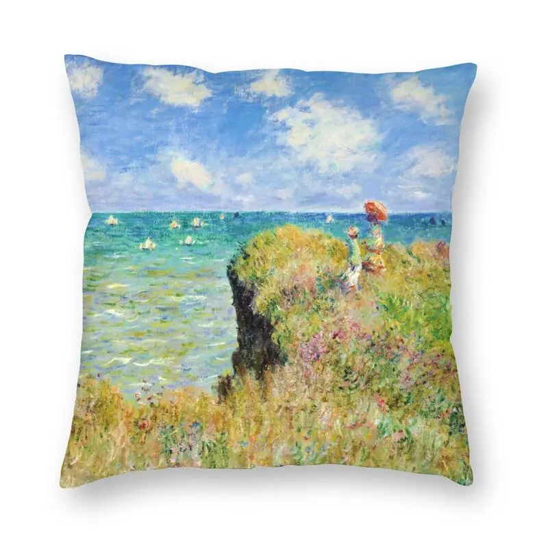 

Vibrant Claude Monet Painting Square Throw Pillow Case Home Decor Printed The Cliff Walk At Pourville Cushion Cover for Sofa