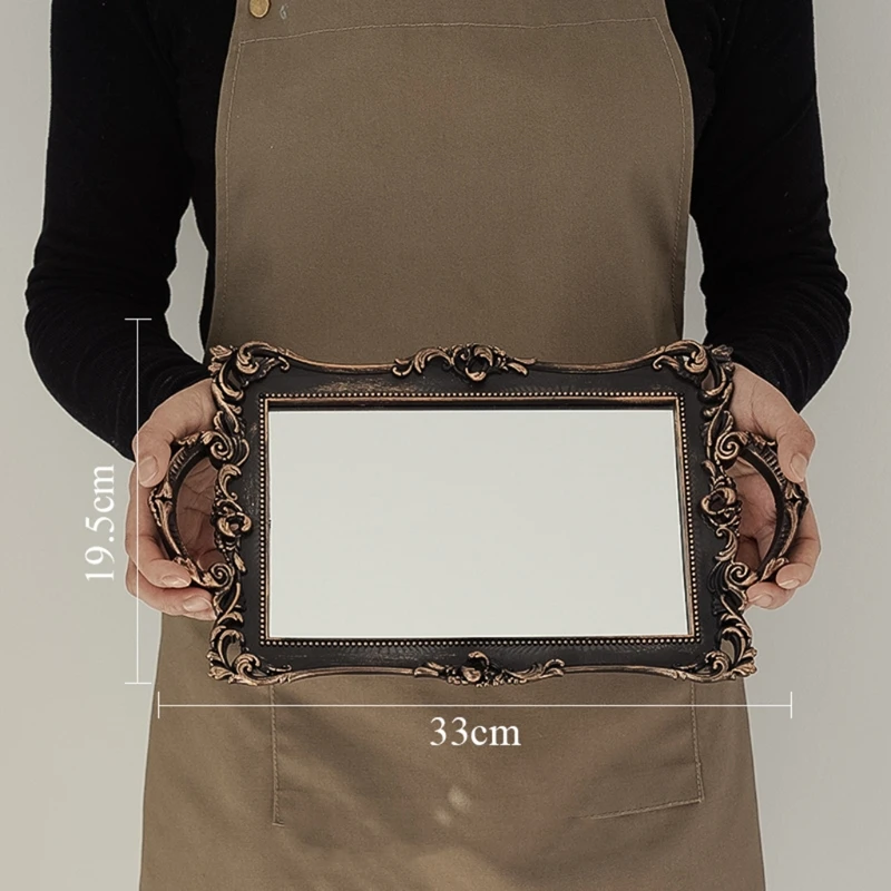 

K3NA Vintage Rectangle Decorative Glass Mirror Tray French Style Fruit Jewelry Display Storage Plate Desktop Ornaments Makeup