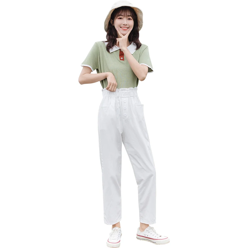 

Real shot college style loose T-shirt short sleeve + four button flower buds high waist loose radish casual pants suit