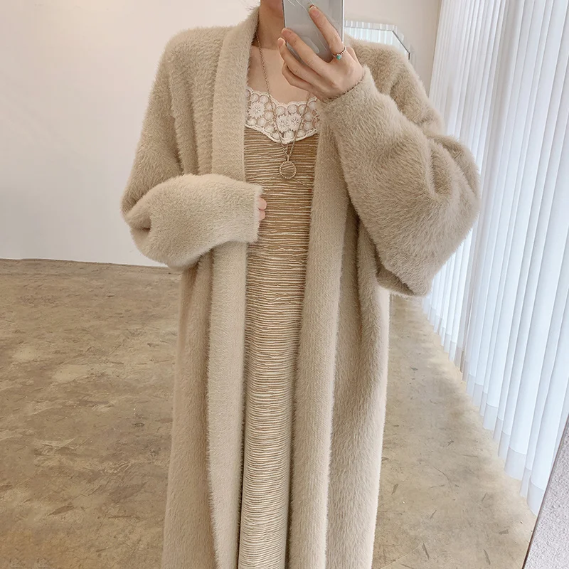 

Cardigan Sweater Korean Chic Autumn And Winter Elegant Loose Knee Length Long Sleeved Warm Imitation Mink Cardigan Jacket Women