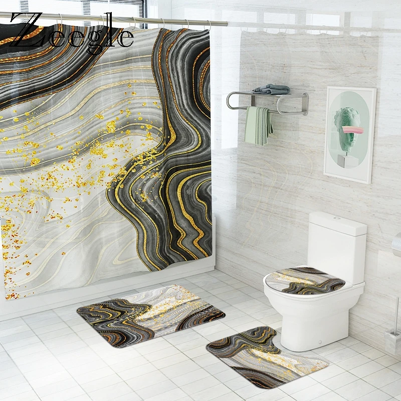 

Hone Deocr Bath Mat Flannel Shower Curtain Set Memory Foam U-Shaped Toilet Rug Bathroom Carpet Rug Absorbent Floor Carpet Set