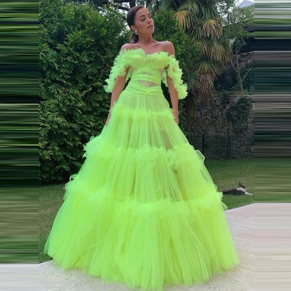 

Fluorescent Green Prom Dresses Sheer A-line Off The Shoulder Ruffles Sweetheart Pageant Event Floor Length Evening Gowns