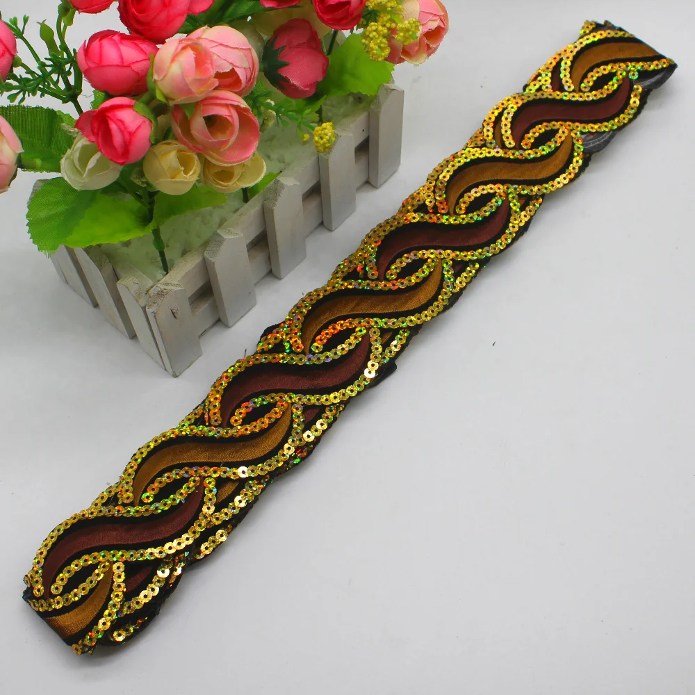 Расшитые блестками кружевные аппликации с полосками S, волнистые полоски, 5 ярдов, железные кружевные ленты, плетеная лента, карнавальные костюмы для косплея, лента 2,5 см - Цвет: Coffee