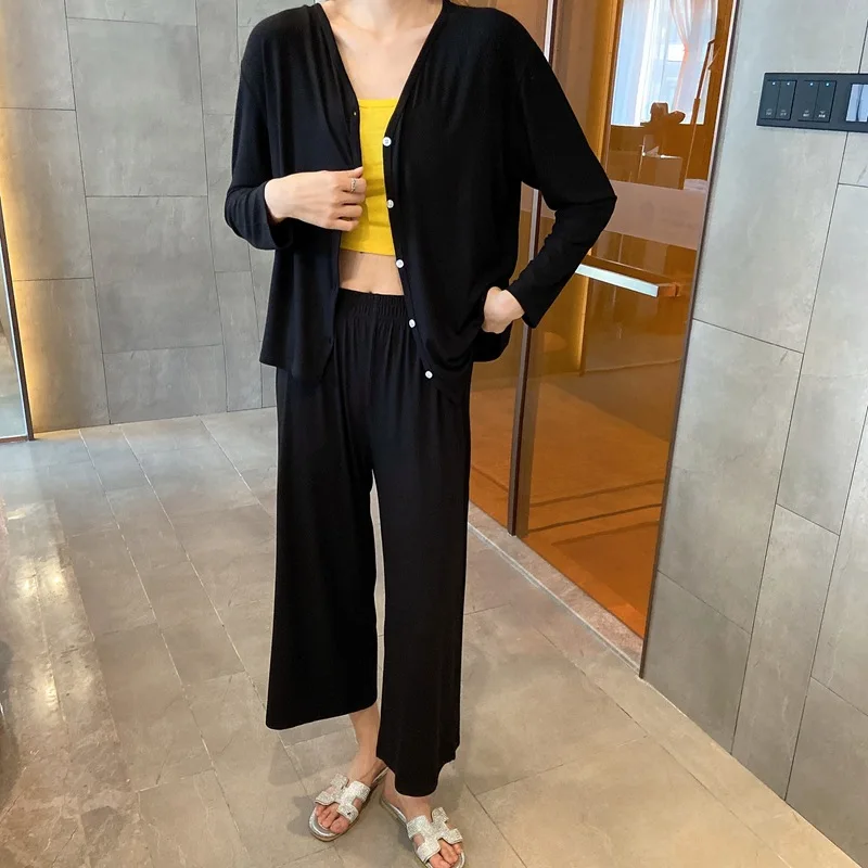 Spring Autumn New Cardigan Wide Leg Pants Women's Pajamas Korean Version Thin Large Loose 2Pcs Set Female Sleepwear Homewear