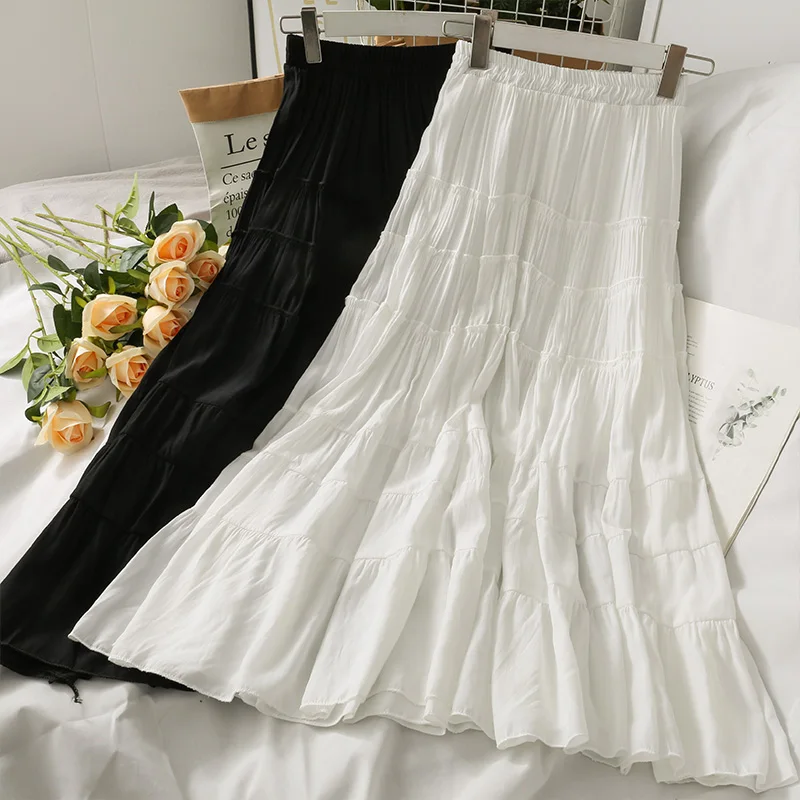 

Spring Cotton Boho Skirts Elastic Waist Patchwork A-line White Cotton Long Skirts Black