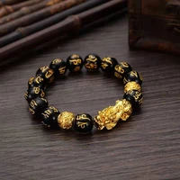 unisex color preserving pure brass ancient animal pixiu bracelet for women men black stone of odsidiana bracelets jewelry