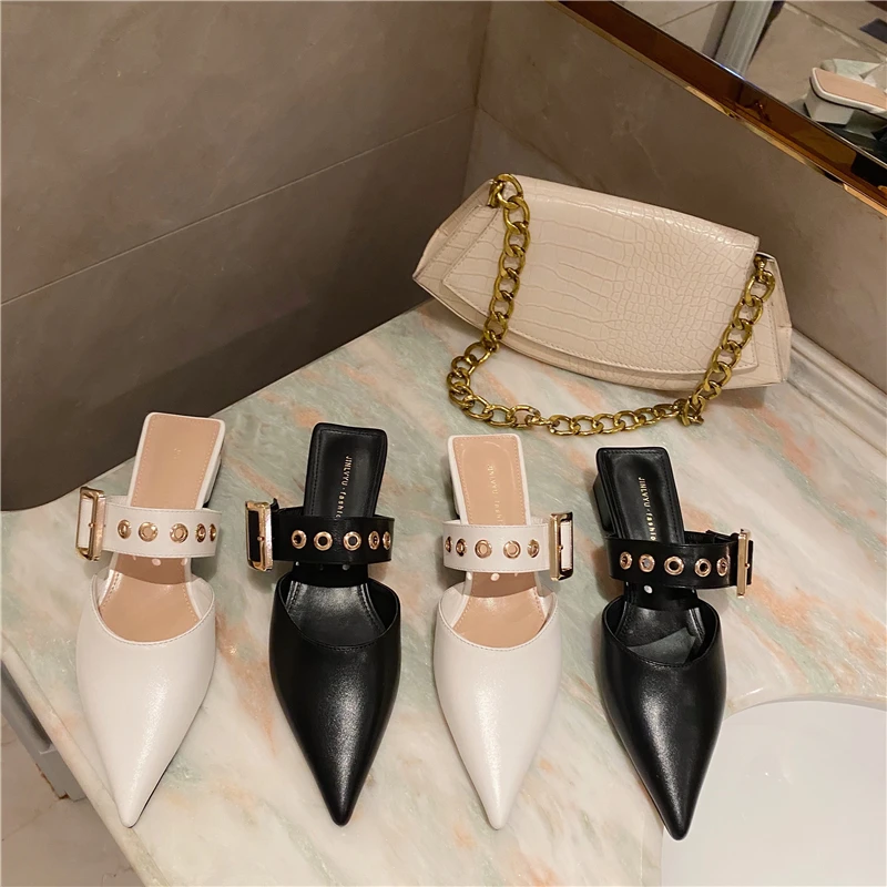 

2021 Gladiator Women Slippers Pointed Toe Shallow Slip On Belt Buckle Flat Heeled Black/White Slippers Mules Shoes Solid Color