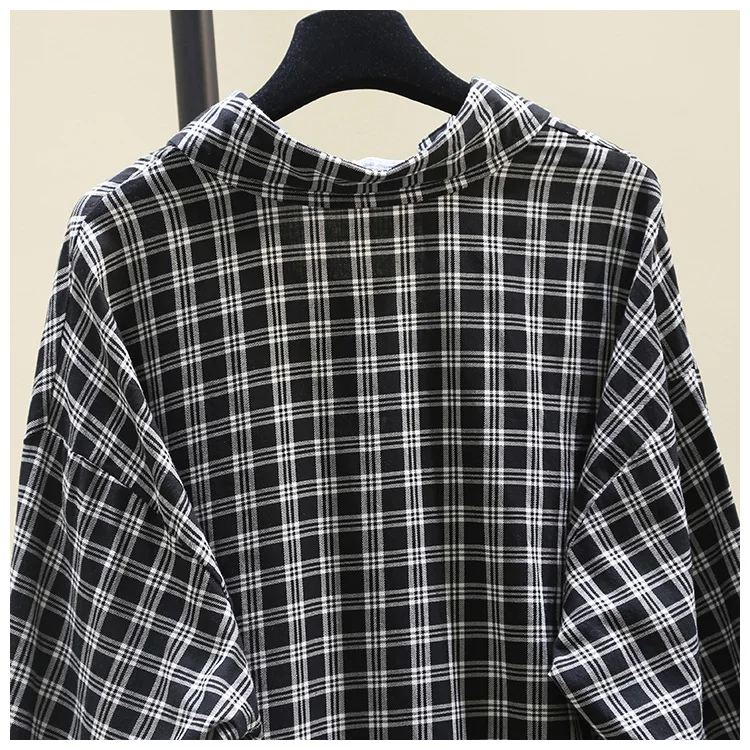 

2021 Spring Autumn Female Cotton Linen Plaid Blouse New Fashion Korean Loose Shirt Mid-Length Sun Protection Long Sleeve Top