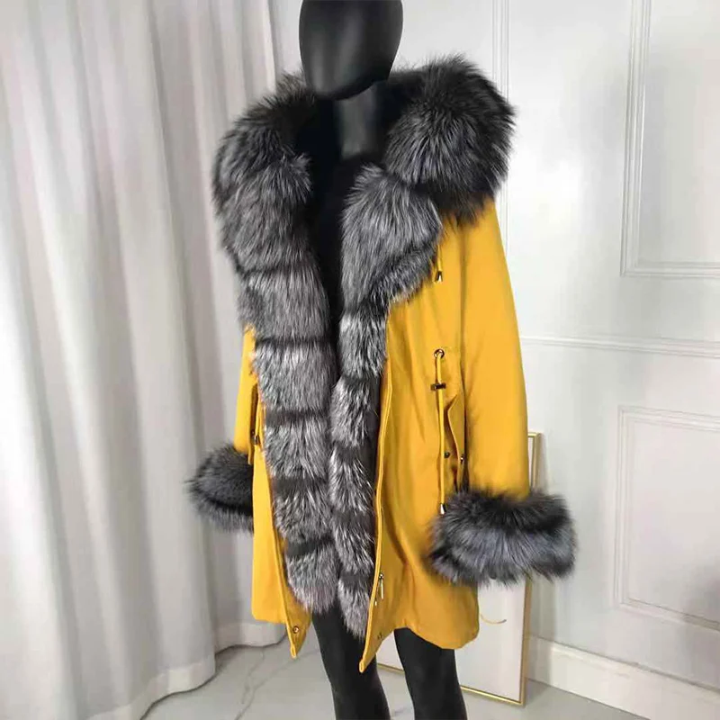 Новые чернобурки меховой парка пальто женские трикотажные silver fox меховой подкладке парки Черный зимой толстые Настоящее пальто с мехом теплые женские верхняя одежда - Цвет: 9