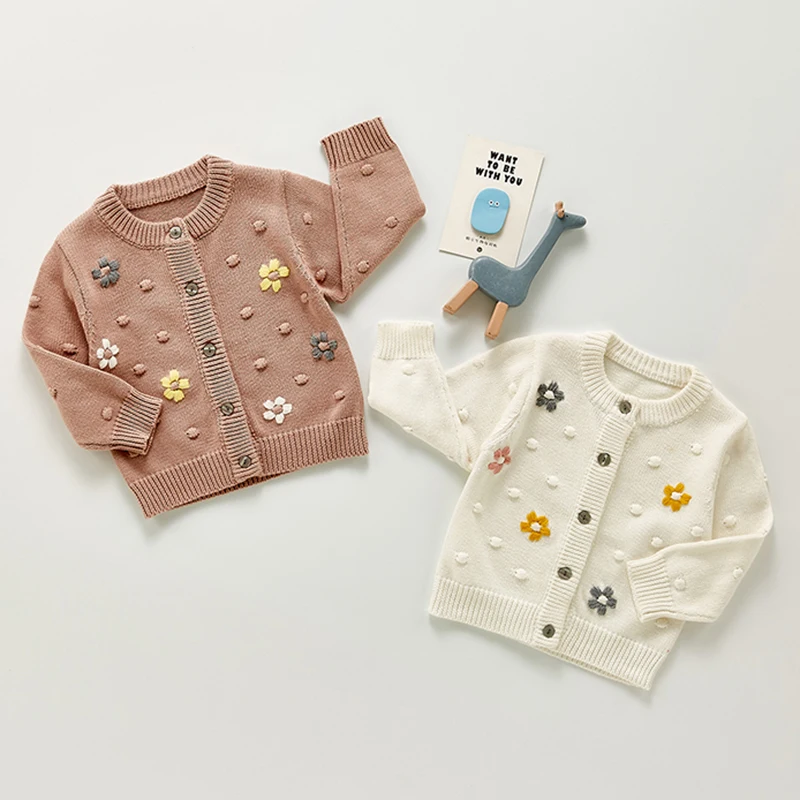 

Новинка 2021, весенний кардиган для маленьких девочек с вышивкой, пальто, одежда, осеннее вязаное пальто с длинным рукавом для маленьких девоч...
