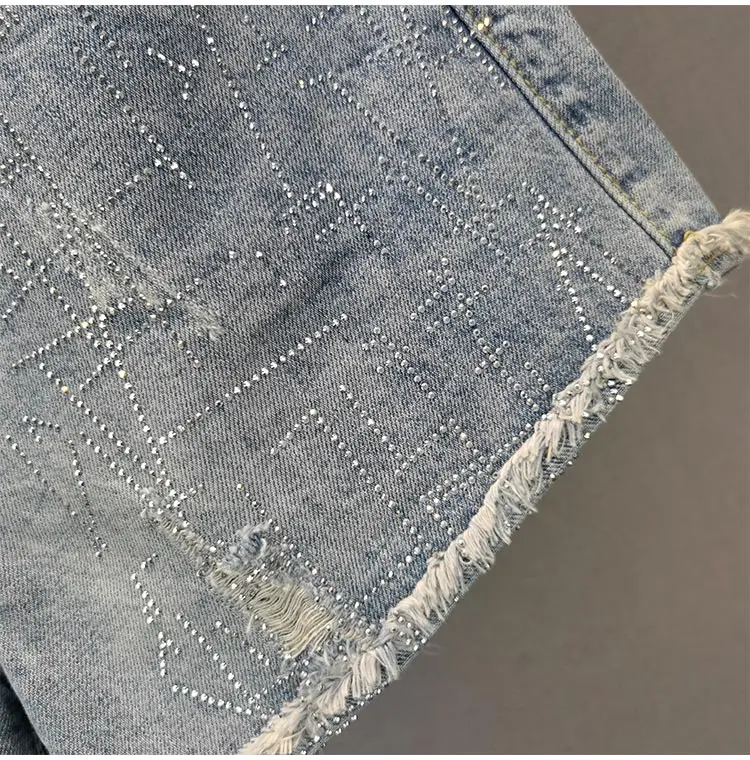

2021 New Denim Shorts Fashion Girls Summer Hot Pants Diamonds Ripped Bottom Loose Thin Women Jeans Pantalones Vaqueros Mujer