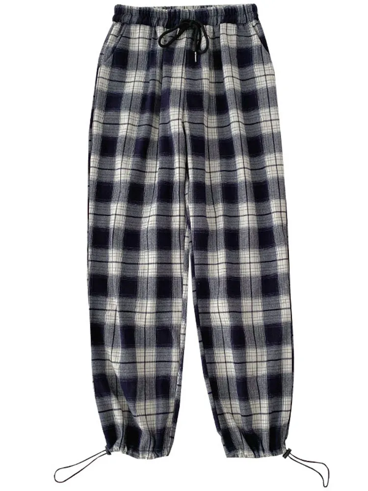 

2021 Spring Casual Women Pants Plaid Drawstring Hems Loose Wide Leg Harem Pants
