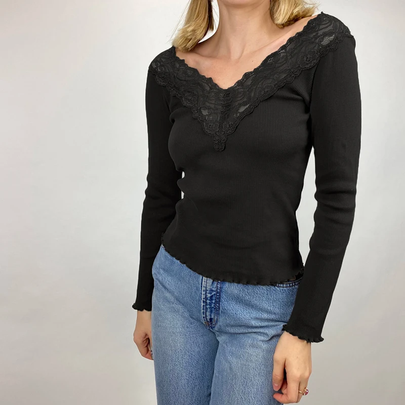 

Y2K Fairycore V-образный вырез Кружевная отделка коричневый Топ Футболка винтажные трикотажные футболки для женщин Harajuku базовые шикарные пуловеры в готическом стиле