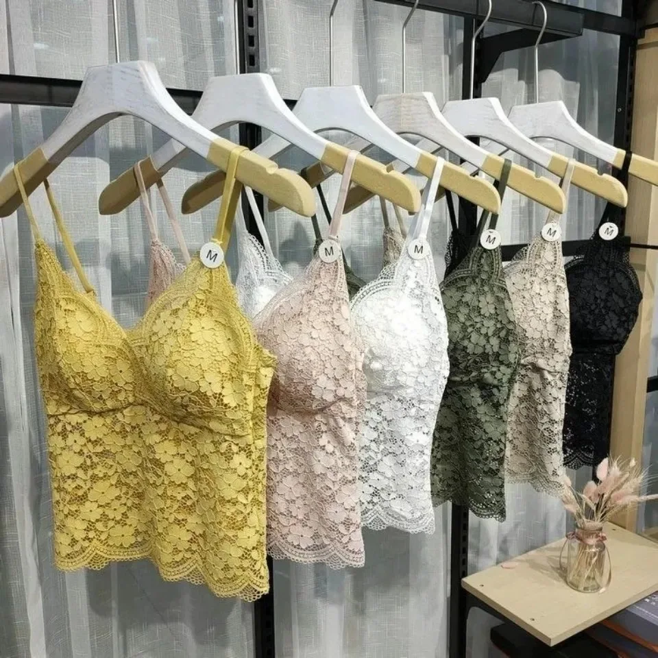 

Long lace beautiful back wrapped tank top women detachable chest pad bra thin shoulder strap adjustable camisole tube top women