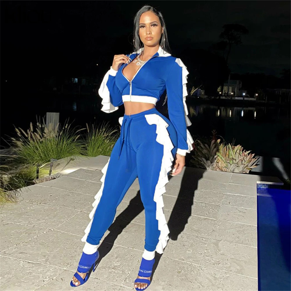 

Ruffle Ribbons Sexy Casual Two Piece Set Women Unique Splicing Zip Long Sleeve Crop Top and Elasticity Sweatpants Leggings Suit