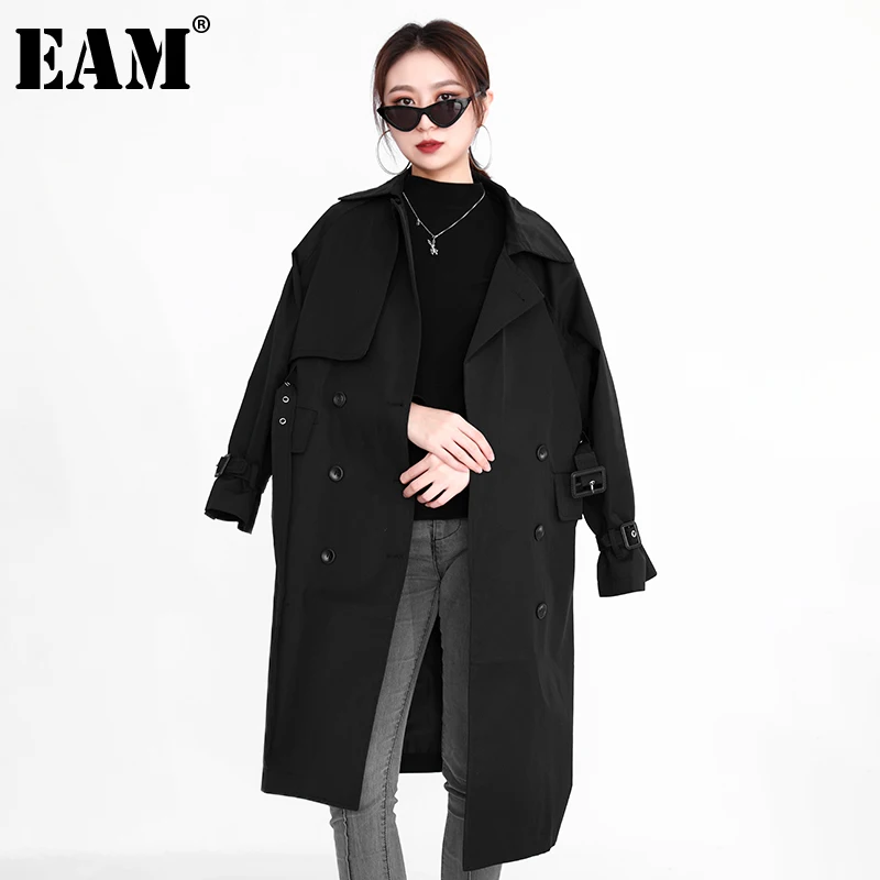 

[EAM] женский черный двубортный Тренч большого размера, новая свободная ветровка с отворотом и длинным рукавом, модная весенне-осенняя 2022 ...