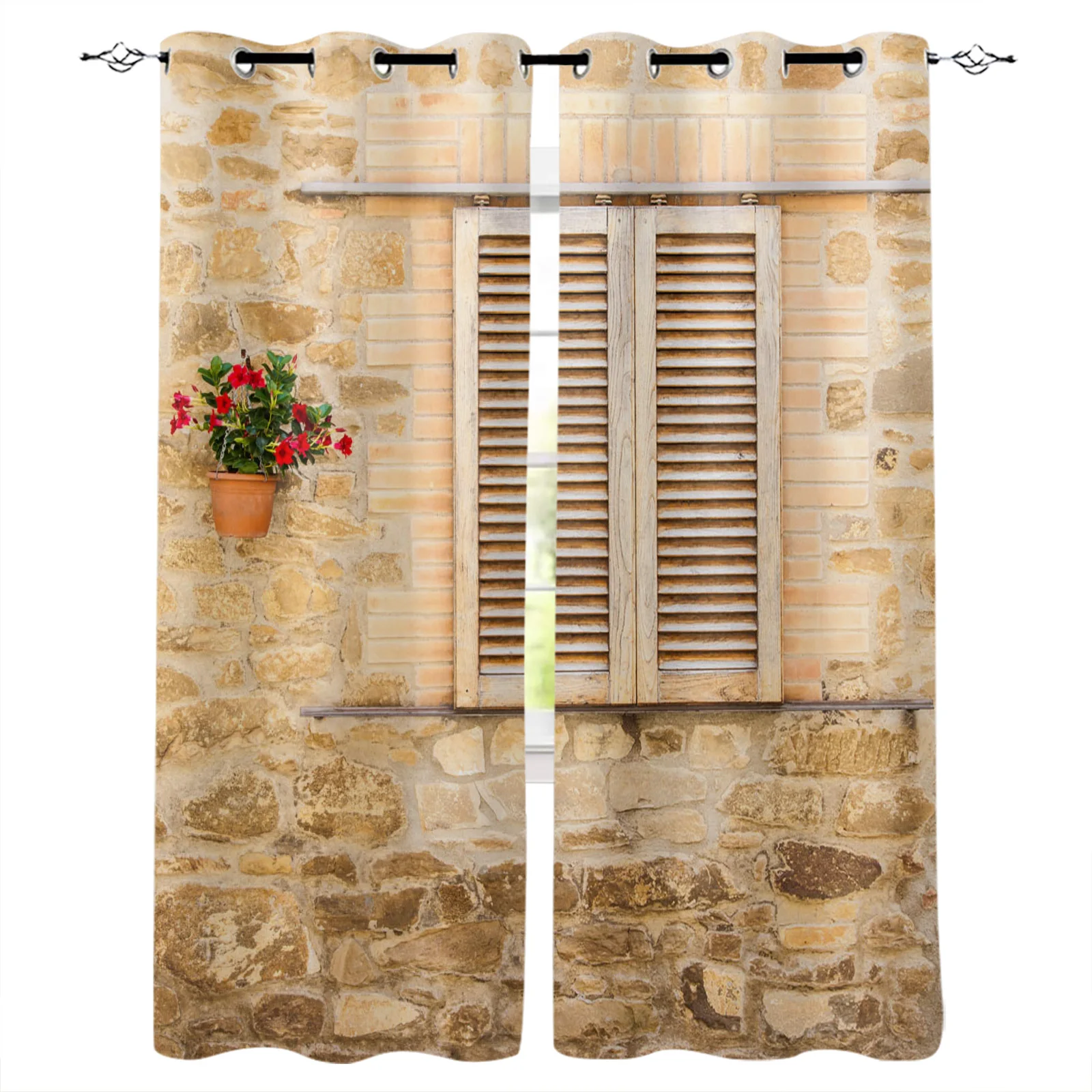 

Window Flower Pot Stone Brick Retro Curtain For Kitchen The Bedroom Window Treatment Curtains for Living Room Modern Drapes