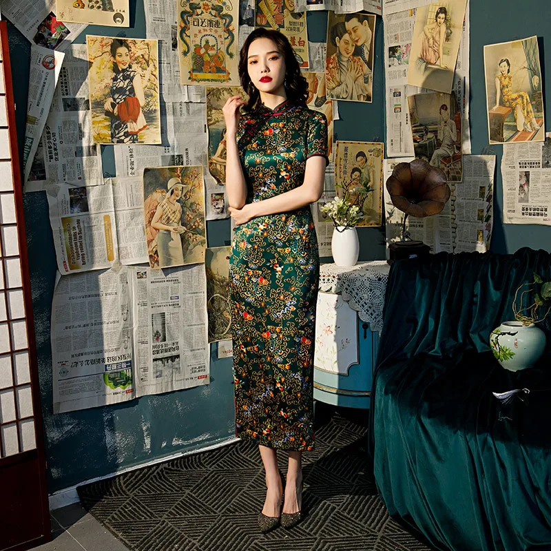

Длинное китайское традиционное женское платье Ципао из вискозы с коротким рукавом, винтажное Восточное женское платье Ципао, новинка, офиц...