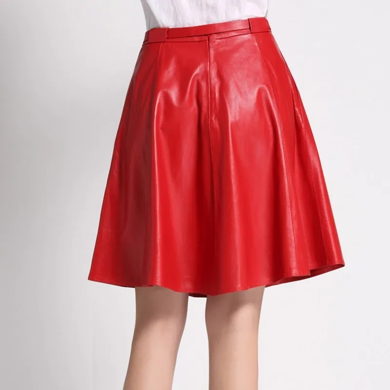 

Top Quality Elegant Lady Real Sheepskin Leather Skirt Women Belted Slim Fit High Waist Office Faldas Mujer Black Pleated Skirts