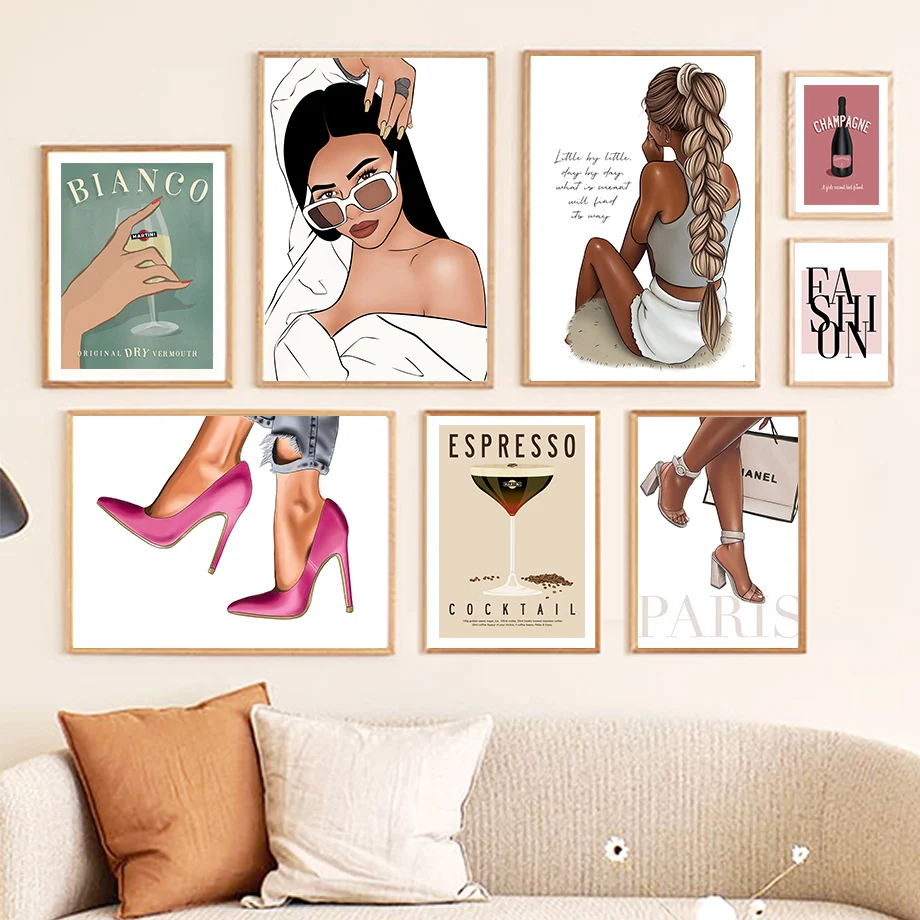 

Fashion Girl Paris Bag High Heel Cocktail Nordic Posters And Prints Wall Art Canvas Painting Wall Pictures For Living Room Decor