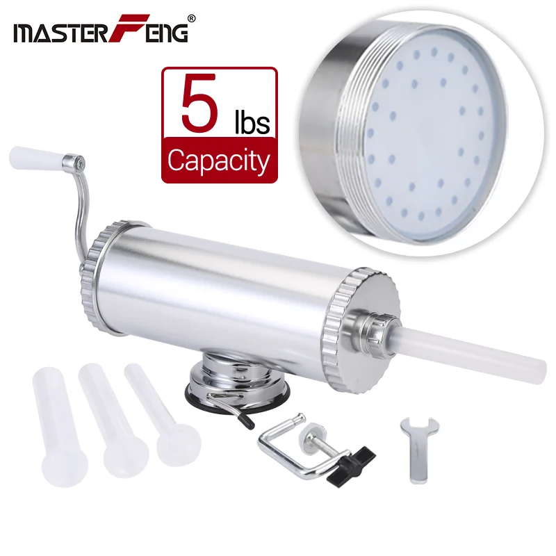 

2.5KG Aluminum Horizontal Sausage Syringe Homemade Sausage Filler with Suction Base and 4 Filling Nozzles Meat Stuffing Funnels