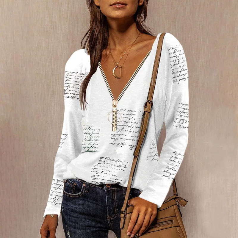 

Zipper V-Neck Shirt S-5XL Plus Size Tops Work Women Blouses Cotton New Fashion Fit Vintage Letter Print Shirts Mujer Blusas