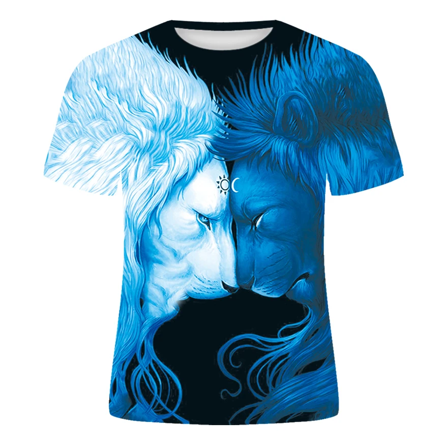 

Популярная Летняя мужская футболка с круглым вырезом, одежда с короткими рукавами, футболка с 3D-принтом животного, Льва, Мужская футболка бо...