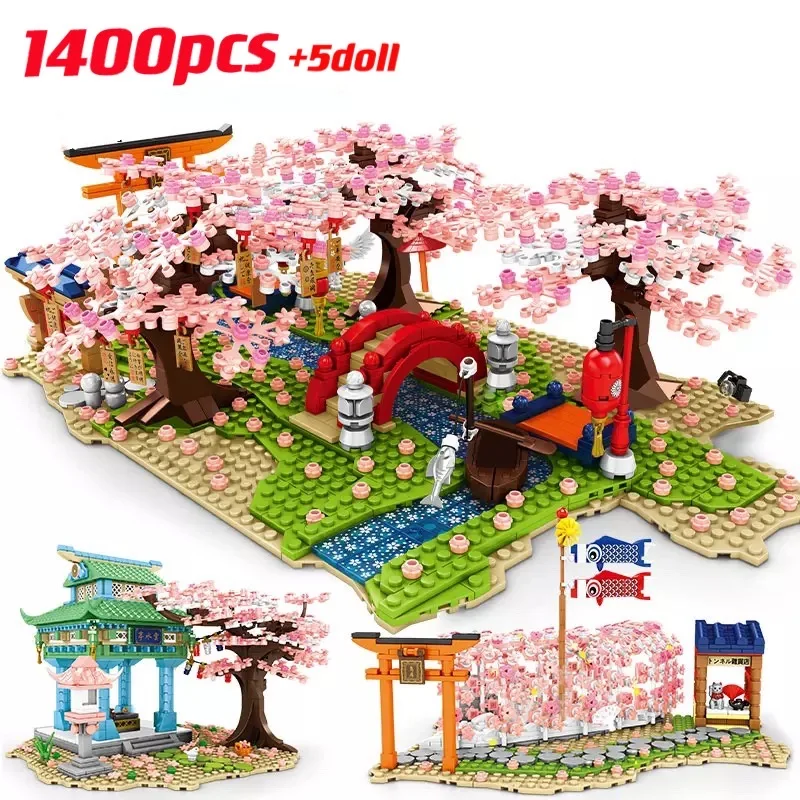 

1400PCS Friends Street View Sakura Inari Shrine Building Blocks DIY Cherry Blossom Tree House Construct Brick Toys for Girls
