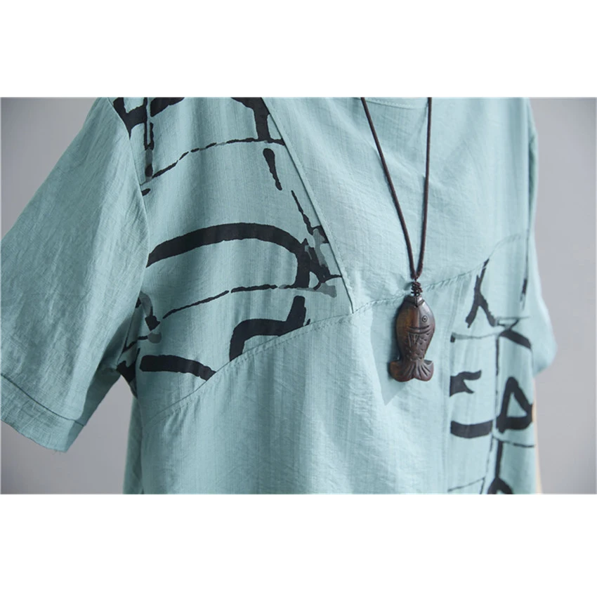 

Chinese Style Cotton Linen Shirt Women Short Sleeve Plus Size Tops Blouses Ladies Casual Loose Shirts Print Oversized Blusa