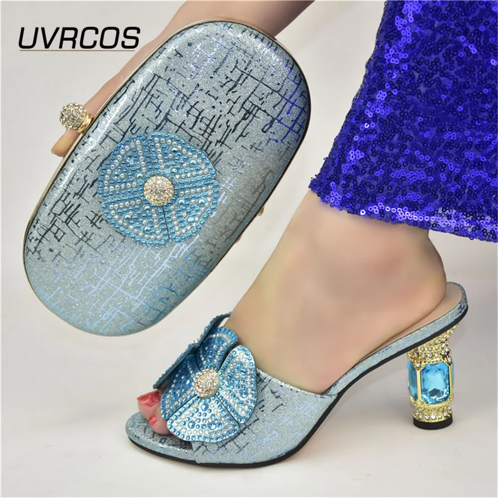

Italian Design Sky Blue Color Special Fullness of Rhinestone Mixing Style Elegant Nigerian Women Shoes and Bag Set for Party