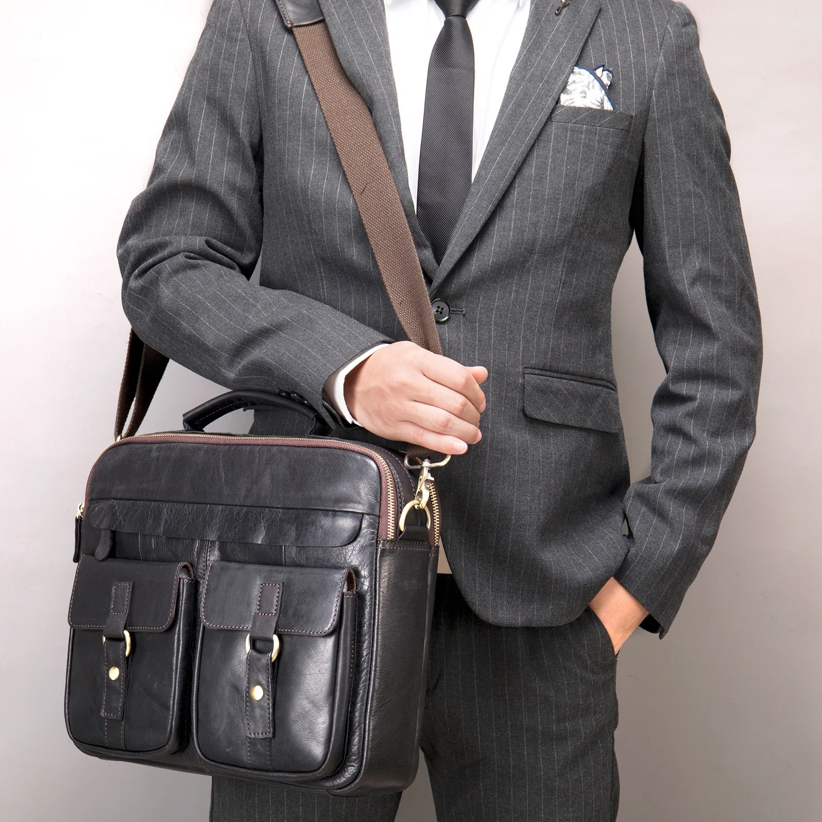 MVA Men Briefcase Genuine Leather Handbag Shoulder Business 14