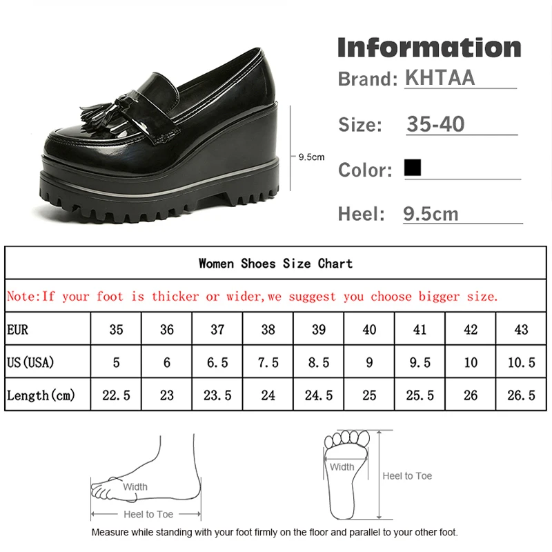 

KHTAA Women Shoes Fashion Tassels High Heels Female Creepers Casual Platform Patent Leather Slip On Spring Wedges Shoe