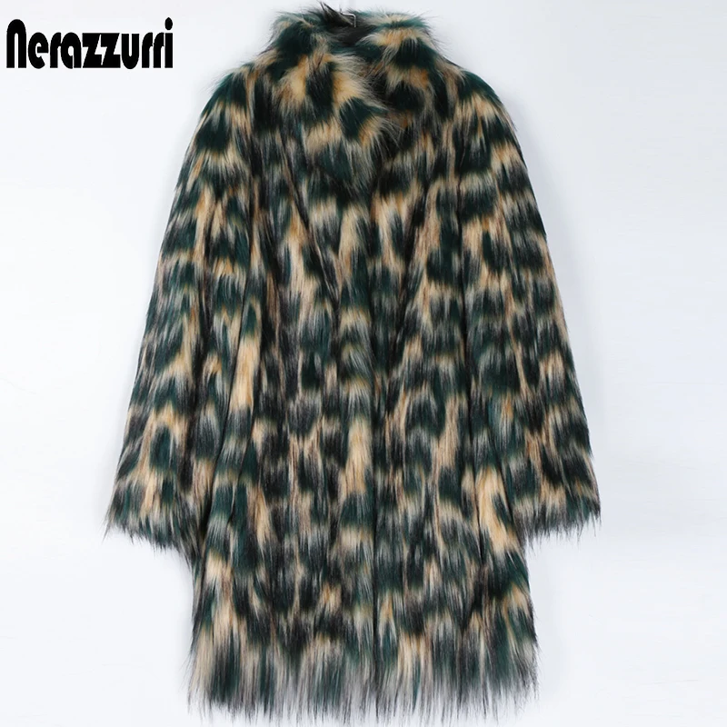 Nerazzurri Winter Multicolor oversized faux fur coat women long sleeve stand collar fluffy shaggy thick warm Fake fox fur jacket