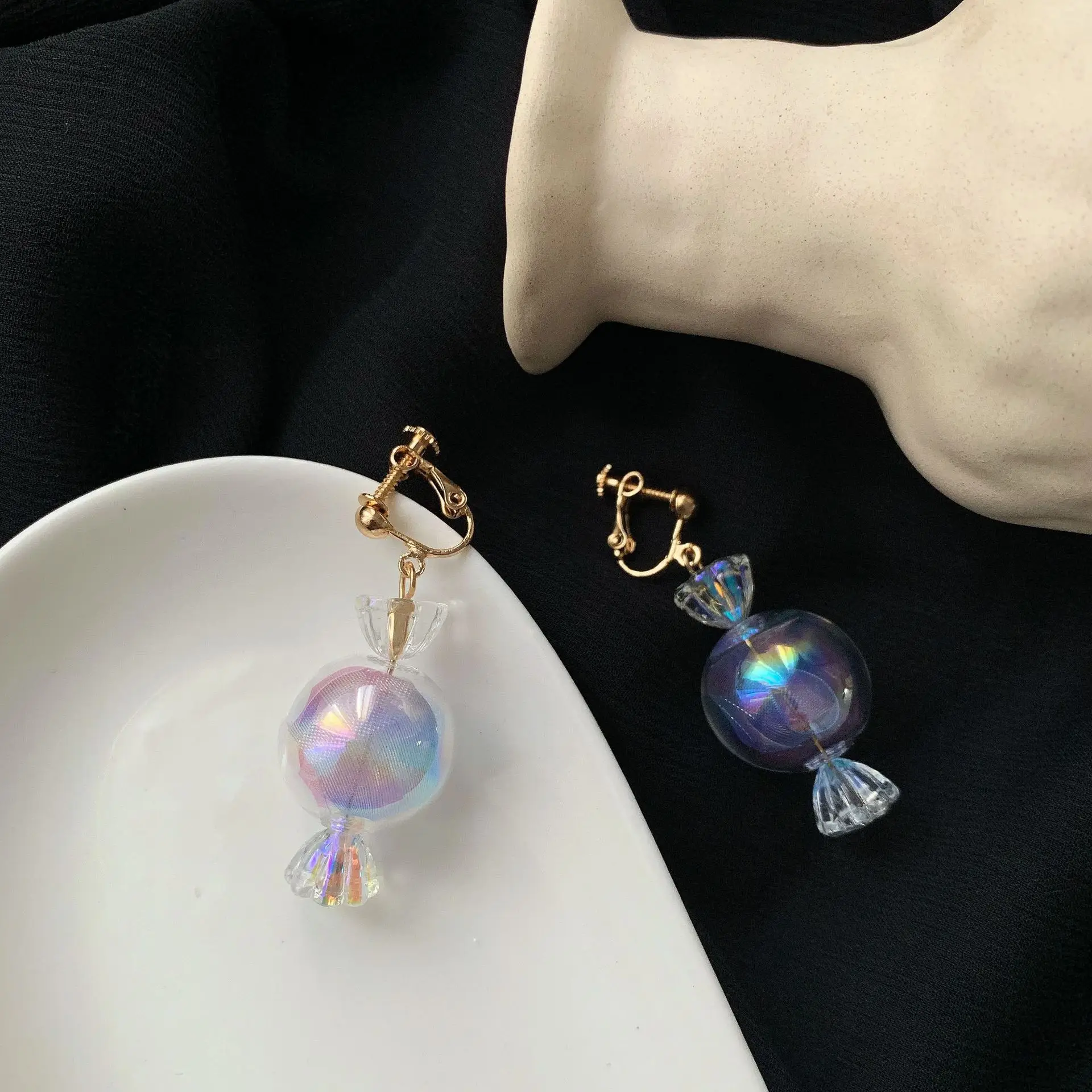 Милые разноцветные кружевные серьги-клипсы в Корейском стиле со стеклянными